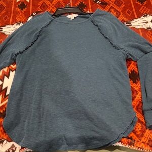 Women's Teal Ruffle-Trim Long Sleeve Top